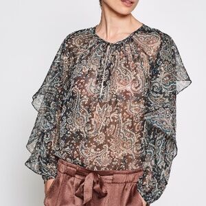 JOIE Kriston Black Print Chiffon Tiered Ruffle Sleeve Blouse XS